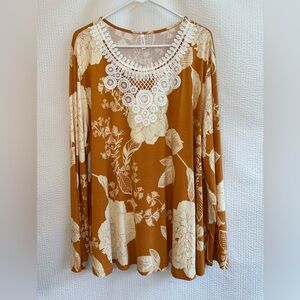 Cathy Women’s Floral Brown Cream Long Sleeve Top Size: 3 XL